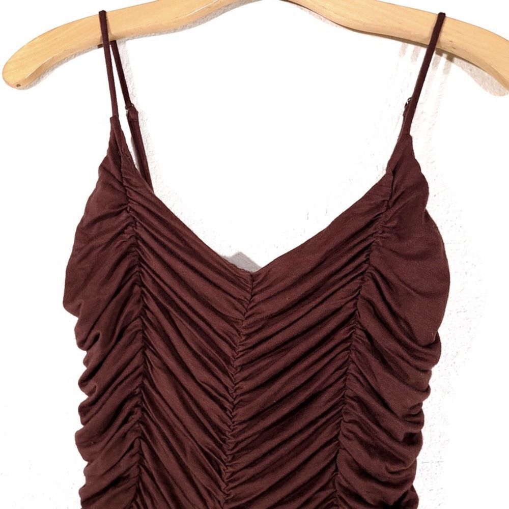 MICHAEL COSTELLO Freya Midi Dress Ruched Bodycon Chocolate Brown Y2k Clean Girl - Picture 3 of 10